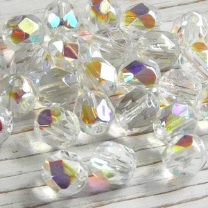 25 - 6mm Czech Transparent Clear AB (Aurora Borealis) Round Faceted Fire Polished Glass Beads, Rainbow AB Czech Glass