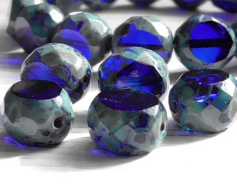 5 - 12mm Czech Cobalt Blue Sapphire Blue Picasso Table Cut Sliced Window Thick Large Chunky Glass Beads 12x11x8mm Thick