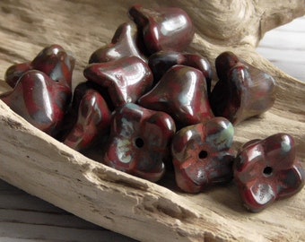 12 - 7x6mm Czech Glass Opaque 4 Petal Bell Flower Dark Brown & Red Picasso Red Wash Pressed Glass Flower, Bead Cap Botanical Floral Garden