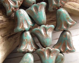 10 - 10mm Czech Glass Rustic Tulip Lily Flower Turquoise Blue Copper Wash Old World Tulips Lilies Pressed Glass Flower Lily Tulip Bead