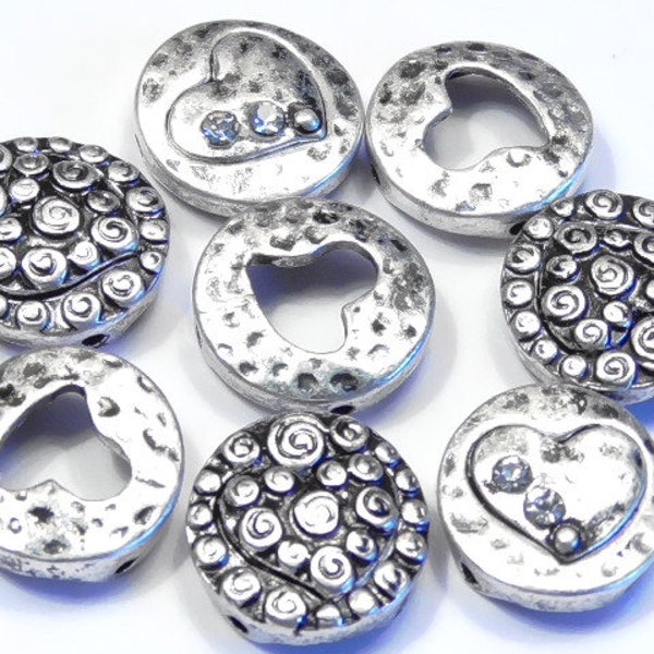 Eight 2 Hole Slider Beads Multi Design Round Hammered Look Petite Clear Crystal Hearts Antiqued Silver Tone Metal Heart Bead Love Beads