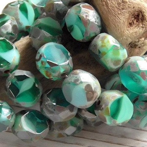 10 - Small 8mm Czech Transparent Caribbean Blue Green Opaque Aqua Picasso Table Cut Sliced Window Glass Beads 5mmThick