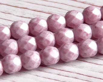25 - 6mm Czech Opaque Light Lilac Purple, Alabaster White Faceted Fire Polished Round Glass Beads, Czech 6mm Faceted