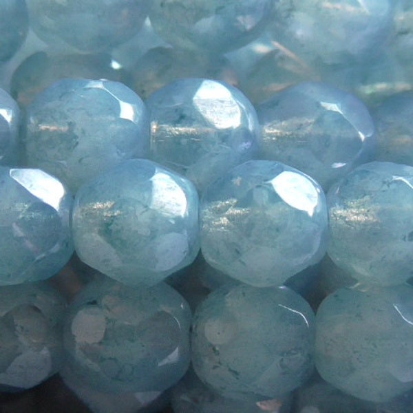 25 - 6mm Czech Light Slate Blue Opal Luster Translucent Faceted Fire Polished Round Glass Beads, Pale Blue Milky Opal Czech Glass