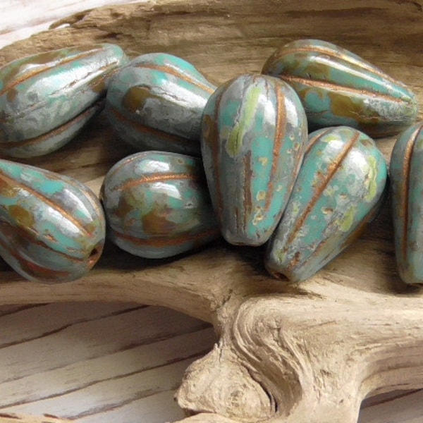 8 - 13x8mm Czech Opaque Turquoise Blue & Brown Picasso Metallic Copper Wash Melon Drop Fluted Ribbed Pressed Glass, Melon Tear Drop Beads