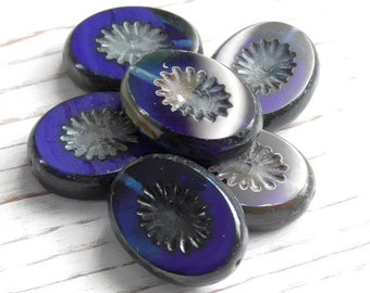 6 - 14x10mm Czech Cobalt Blue Picasso Oval Table Cut Window, Kiwi, Starburst, Chunky, Carved Pressed Glass Beads, Bohemian Glass Beads