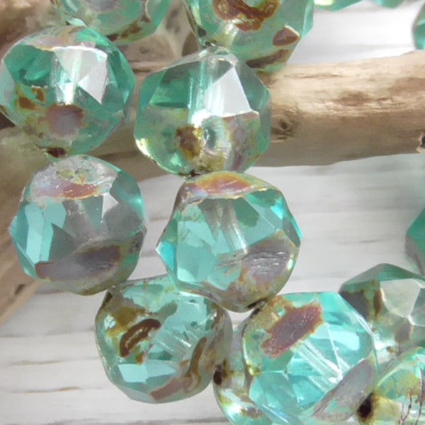 8 - 9mm Czech Aqua Blue Picasso Central Faceted Baroque Nugget Bohemian Glass Beads, Czech Glass Beach Beads