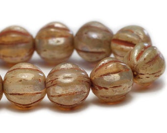 20 - 6mm Czech Glass Opaque Champagne Luster Terra Cotta Wash Melon, Pumpkin, Fluted, Ribbed Pressed Glass Round Bead, 6mm Melon Bead