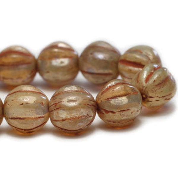 20 - 6mm Czech Glass Opaque Champagne Luster Terra Cotta Wash Melon, Pumpkin, Fluted, Ribbed Pressed Glass Round Bead, 6mm Melon Bead