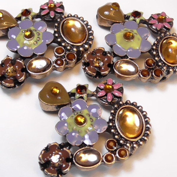 Three 2 Hole Slider Beads 2 Hole Spacer Beads Purple Brown Pink Green Enamel Flowers Hearts Cabochons & Rhinestones Floral Heart Beads