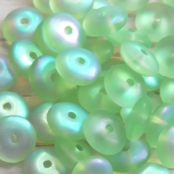 30 - 6x2mm Czech Translucent Matte Frosted Peridot Green AB Heishi Disc Rondelle Glass Beads, Czech Pressed Glass, Washer Spacer Beads