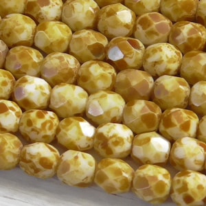 25 - 6mm Czech Opaque White Tan Picasso Round Faceted Fire Polished Glass Beads, Two Tone Glass Beads, Boho Bohemian Rustic