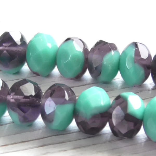 12 - 9x6mm Czech Transparent & Opaque Purple Turquoise Faceted Fire Polished Rondelle, Donut Glass Beads, 2 Tone Bohemian Glass Beads