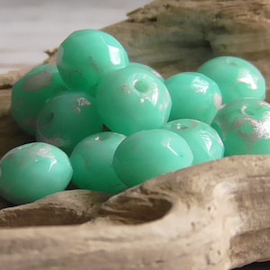 12 - 7x5mm Czech Opaque Seafoam Mottled Metallic Silver Pearl Faceted Fire Polished Donut Rondelle Glass Beads, Blue Green Czech Beads