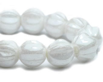 20 - 6mm Czech Glass Opaque Snow White Luster Melon, Pumpkin, Fluted, Ribbed Pressed Glass Round Bead, 6mm Melon Bead