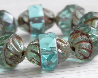 8 - 11x10mm Czech Glass Aqua Marine Blue Picasso Faceted Fire Polished Turbine Beads, Czech Twisted Bicone, Spiral Glass Beads