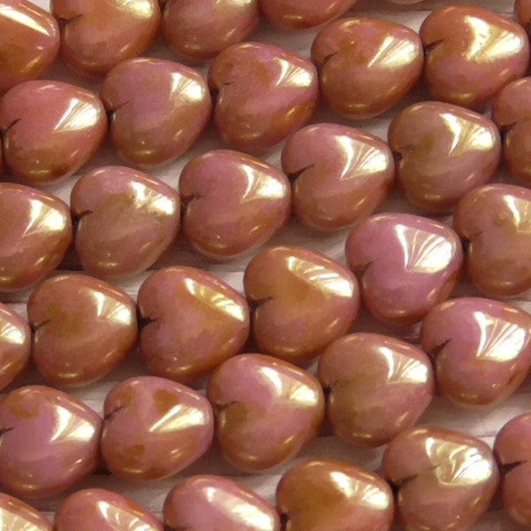 25 - 6mm Small Czech Glass Puffed Hearts Opaque Rose Pink Bronze Luster Pressed Glass Heart, Czech Puffed Heart, Valentines Day Bead