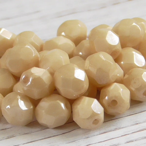 25 - 6mm Czech Opaque Light Tan Shiny Luster Faceted Fire Polished Round Glass Beads