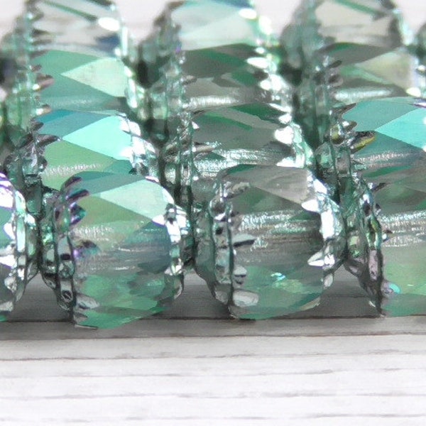 10 - 8mm Czech Pale Chrysolite Green AB Cathedral Faceted Glass Beads Green Metallic Ends (aurora borealis) 8mm Czech Cathedral Beads