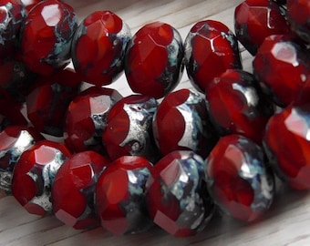 10 - 8x6mm Czech Opaque Burgundy Red Picasso Faceted Fire Polished Rondelle Donut Glass Beads Ox Blood Red, Pomegranate Red