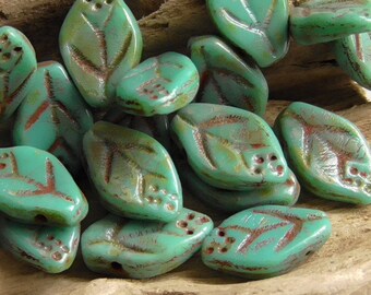 10 - 12x8mm Czech Turquoise Blue Picasso Leaf, Leaves Plants Floral, Garden Botanical, Forrest Tree Glass Beads