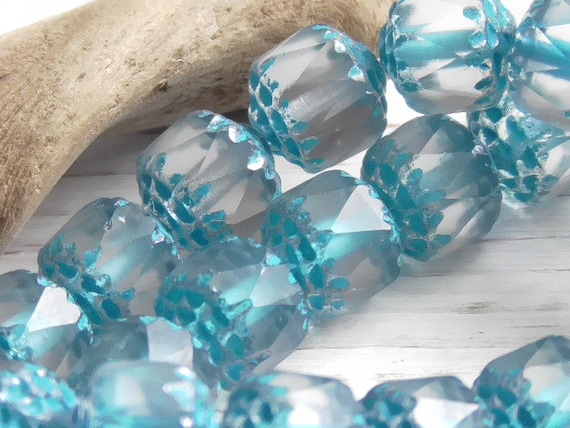 10 - 8mm Czech Translucent Matte Clear, Blue Wash Ends Cathedral Faceted Glass Beads 8mm Czech Cathedral Beads