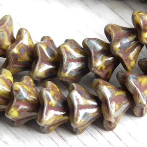 12 - 9x6mm Czech Glass Opaque 5 Petal Bell Flower, Star Flower Yellow Brown Picasso Pressed Flower, Rustic Travertine Flower, Floral Beads