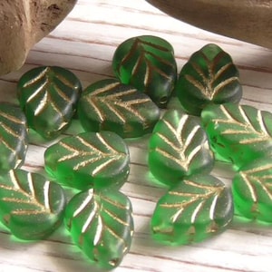 12 - 10x8mm Czech Translucent Matte Frosted Spring Green Gold Veined Birch Leaf Glass Beads, Plants, Trees, Floral, Garden Beads