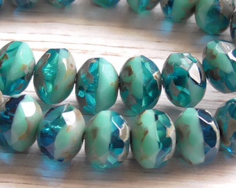 10 - 8x6mm Czech Turquoise Caribbean Blue Picasso Opaque & Transparent Faceted Fire Polished Rondelle, Donut Glass Beads