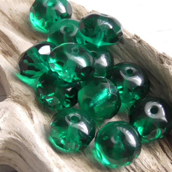 12 - 9x6mm Czech Transparent Emerald Green Faceted Fire Polished Donut Rondelle Glass Beads, Spacers