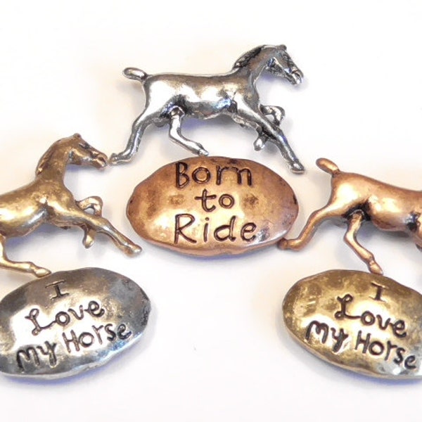 Six 2 Hole Slider Beads Antiqued Silver Brass Copper Hammered Look "I Love My Horse," "Born To Ride" & Horse Equestrian Beads, Western Beads