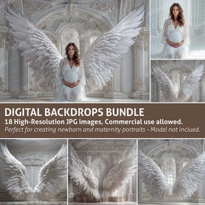 May include: Digital backdrops bundle featuring 18 high-resolution JPG images. The images are designed for newborn and maternity portraits. The image includes a woman in a white dress with large white angel wings. Commercial use is allowed.