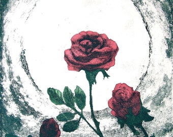 Romantic Roses Moonlight and Roses Original Hand Painted Intaglio Print