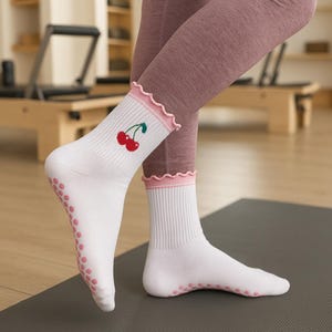Cherry Grip Socks for Women – Non Slip Yoga & Pilates Socks | Cute Barre Socks | Anti Skid Workout Socks | Ruffle