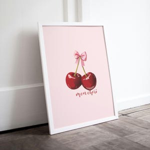 Mon Cheri Cherry Wall Art Print – Feminine Coquette Digital Download, Red Cherries Cottage-core Decor, French Aesthetic Poster