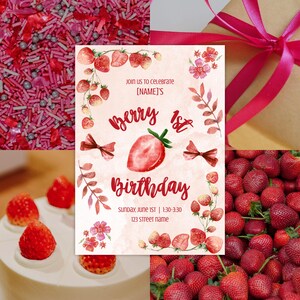 Berry First Birthday Invitation | Strawberry 1st Birthday Party Invite | Editable Canva Template | Watercolor Girl Birthday Card