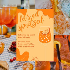Let’s get spritzed bearbeitbare Einladungsvorlage | Aperol Spritz Geburtstags- oder Einweihungsparty-Einladung | Bearbeitbare Canva Digital Download Einladen