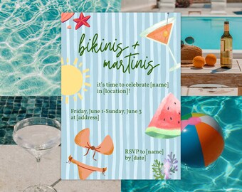 Bikinis and Martinis Invitation Template | Beach Bachelorette Party Invite | Editable Canva Download | Girls Trip | Pool Party Invite