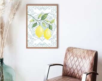 Amalfi Coast Inspired Lemon Wall Art – Island Luxe Digital Print with Blue Tile Design, Mediterranean Aesthetic Decor, Instant Download