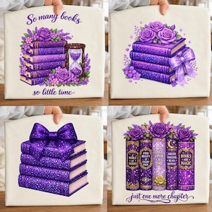 May include: Four cream-coloured tote bags with purple book designs. One bag has the text "So many books, so little time". Other bags feature stacks of books with floral and bow accents. The last bag has the text "just one more chapter".