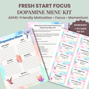 Dopaminmeny-kit för nystart | ADHD-vänlig motivationsverktygslåda | Utskrivbar dopaminmeny och 10 fokus-, energi- och humörboostkort
