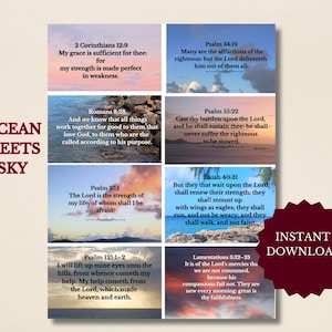 Puede incluir: Ocho impresiones artísticas digitales con versículos bíblicos sobre fondos de océano y cielo. Las impresiones incluyen citas de Salmos, Romanos y otros libros. Las palabras "Ocean Meets Sky" e "Instant Download" también son visibles.