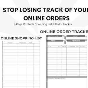 Peut inclure: Une liste de courses et un suivi de commandes imprimables sur deux pages. Le texte "STOP LOSING TRACK OF YOUR ONLINE ORDERS" est visible. La page de gauche est une liste de courses en ligne, et la page de droite est un suivi de commandes en ligne.
