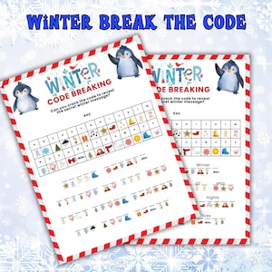 以下が含まれることがあります： 「WINTER BREAK THE CODE」と「WINTER CODE BREAKING」の文字が書かれた2枚の紙。ペンギンのイラストと、冬をテーマにしたシンボルとキーを使った暗号解読ゲームが特徴です。背景には雪の結晶のデザインがあります。
