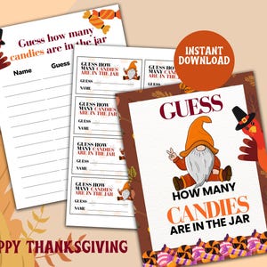 Op de afbeelding: Printables voor Thanksgiving-spellen. Het ontwerp toont een kalkoen met een pelgrimshoed en een kabouter. De tekst luidt "Raad hoeveel snoepjes er in de pot zitten".