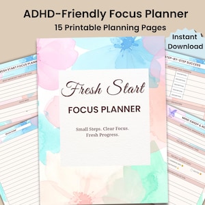Fresh Start Focus Planner | ADHD-Friendly Executive Function Workbook | Daily Productivity & Focus Toolkit | Printable PDF