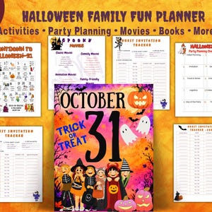 Może przedstawiać: Rodzinny planer na Halloween z 14 stronami do druku, zawierający odliczanie do Halloween, trackery gości i listy kontrolne imprez. Centralna okładka zawiera tekst October 31, Trick or Treat, z duchami, dyniami i dziećmi w kostiumach.