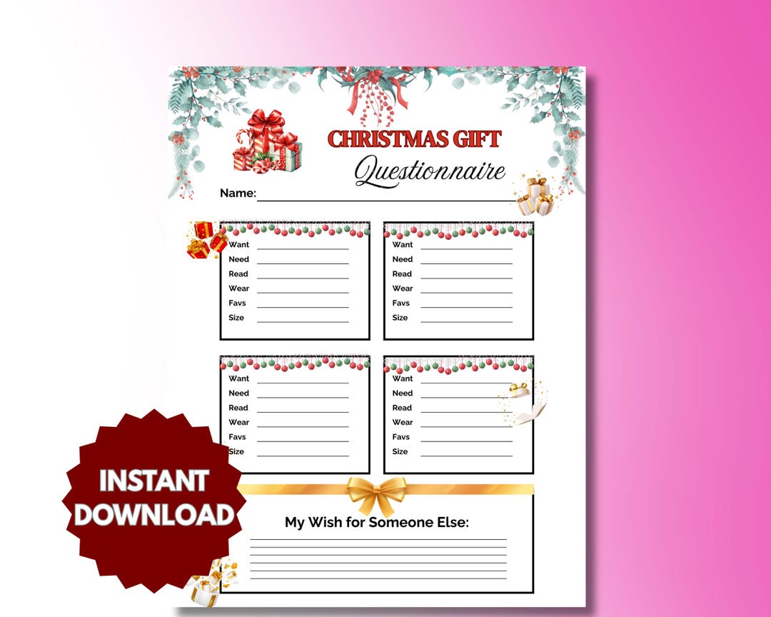 Spring Gift Questionnaire Christmas Gift Questionnaire Printable, Holiday Wish List Survey Form ...