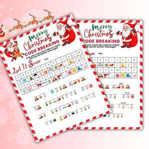 May include: Two Christmas-themed code-breaking puzzles with red and white striped borders. The text reads "Merry Christmas Code Breaking" and "Let It Snow." Santa Claus and reindeer are depicted in the design. The puzzles have a key and symbols.