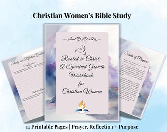 以下が含まれることがあります： 「Rooted in Christ: A Spiritual Growth Workbook for Christian Women」というタイトルのワークブック。印刷可能なページが14ページあります。表紙には鳩と炎のグラフィックが描かれています。ワークブックには、学習の質問、反省のプロンプト、目的の種が含まれています。